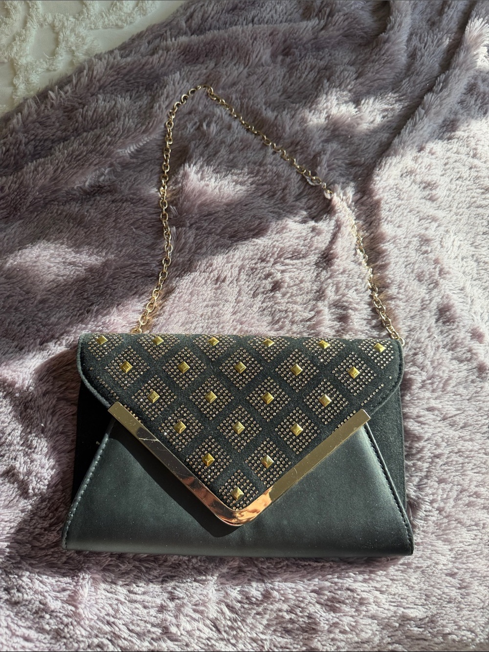RSVP Black Clutch with Gold Chain & Studded Diamond Flap